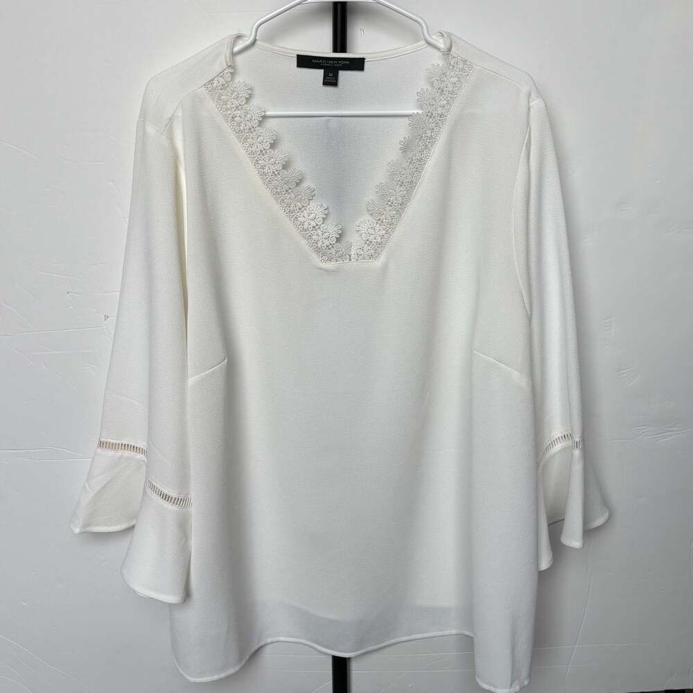 Marc New York Andrew Marc White Lace Trim V-Neck Bell Sleeve Blouse 3X